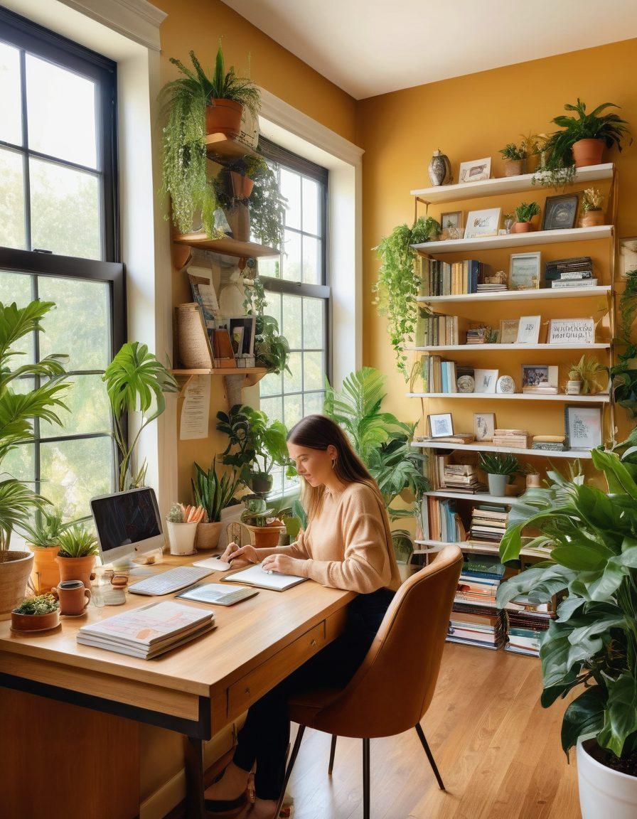 A cozy home office setting with a bright window showing a sunny day outside. A joyful person is working on a laptop, surrounded by plants and vibrant decorations, showcasing productivity tools like a planner and coffee cup. Soft golden light fills the room, creating an inspiring atmosphere. The background includes a calming bookshelf and a vision board with motivational quotes. super-realistic. vibrant colors. cozy aesthetics.