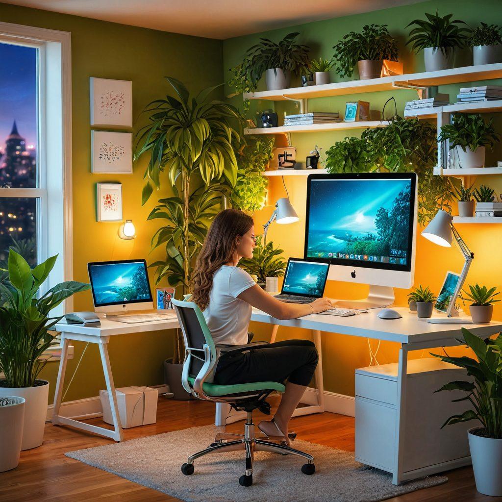 A vibrant virtual desktop scene featuring a person joyfully interacting with a sleek, futuristic computer, surrounded by colorful icons and engaging applications that float around them, symbolizing creativity and productivity. The background should include elements of a cozy home office with plants and warm lighting to evoke comfort and satisfaction. super-realistic. vibrant colors.