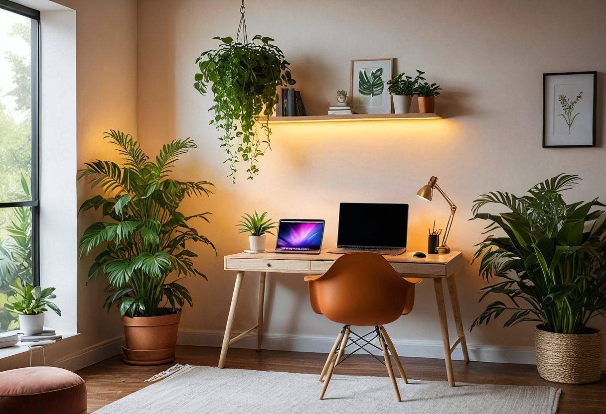 A serene digital workspace with a sleek laptop displaying a glowing progress bar, surrounded by soothing plants and warm lighting. In the background, a cozy armchair and a steaming cup of herbal tea, symbolizing relaxation and fulfillment. Incorporate subtle motivational quotes on the walls, and add a sense of harmony and balance, inviting viewers to envision their own productive oasis. vibrant colors. cozy atmosphere. super-realistic.